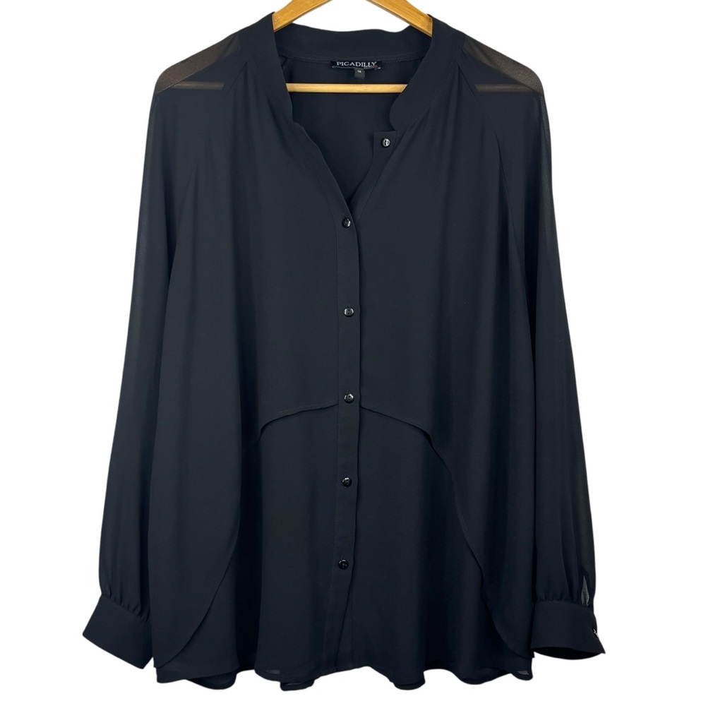 Picadilly Canada Black Semi Sheer Layer Look Long Sleeve Button Down Blouse 1X